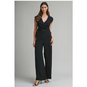 1115 • Black Rayon Blend Crinkle Gauze V Neck Asymmetric Wide Leg Pants Set